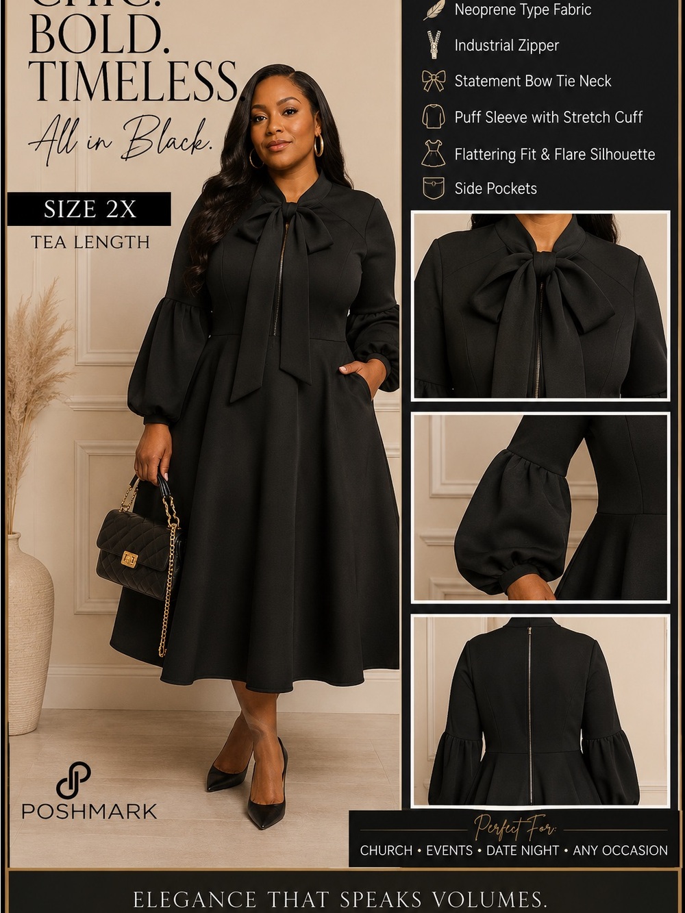 Women's Black Tea-Length Bow Tie Dress